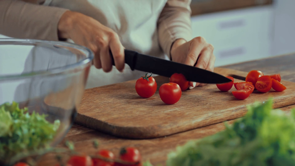 vista cortada de mulher cortando tomates cereja na tábua de corte  - Filmagem, Vídeo