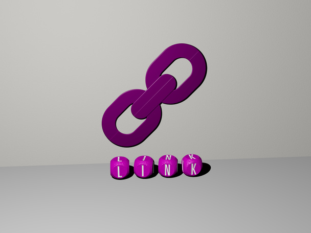 3D grafische afbeelding van LINK verticaal samen met tekst gebouwd door metalen kubieke letters vanuit het bovenste perspectief, uitstekend voor de concept presentatie en diavoorstellingen. illustratie en achtergrond - Foto, afbeelding
