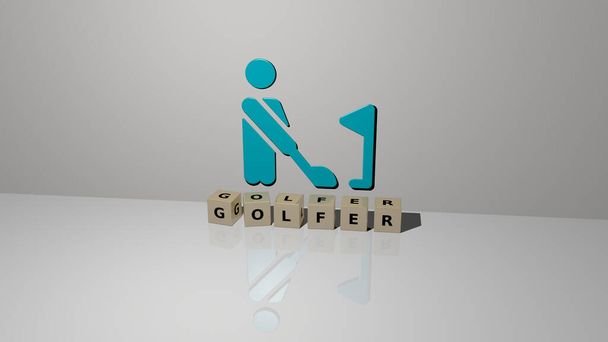 3D графічне зображення GOLFER вертикально поряд з текстом, побудованим металевими кубічними літерами з верхньої точки зору, відмінно підходить для презентації концепції та показу слайдів. клуб і м'яч
 - Фото, зображення