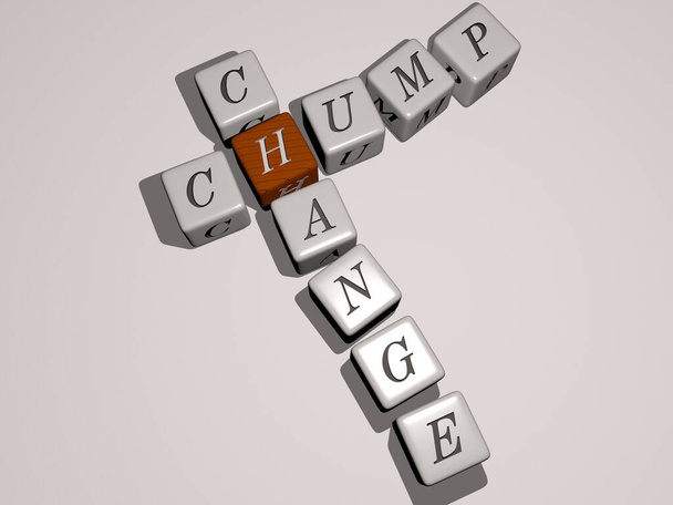 Kreuzworträtsel aus Chump Change, angeordnet durch kubische Buchstaben auf einem Spiegelboden, Konzept, Bedeutung und Präsentation. Hintergrund und Illustration - Foto, Bild