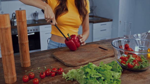 vista ritagliata di donna taglio peperone rosso vicino ingredienti  - Filmati, video