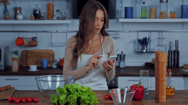 donna in grembiule controllare gli ingredienti tenendo smartphone  - Filmati, video