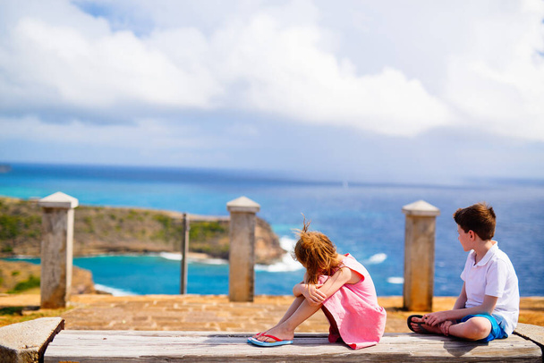 Kids brother and sister enjoying tropical beach view on Caribbean island - Fotoğraf, Görsel