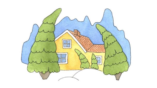 Jednoduché akvarel Country House na bílém pozadí - Fotografie, Obrázek