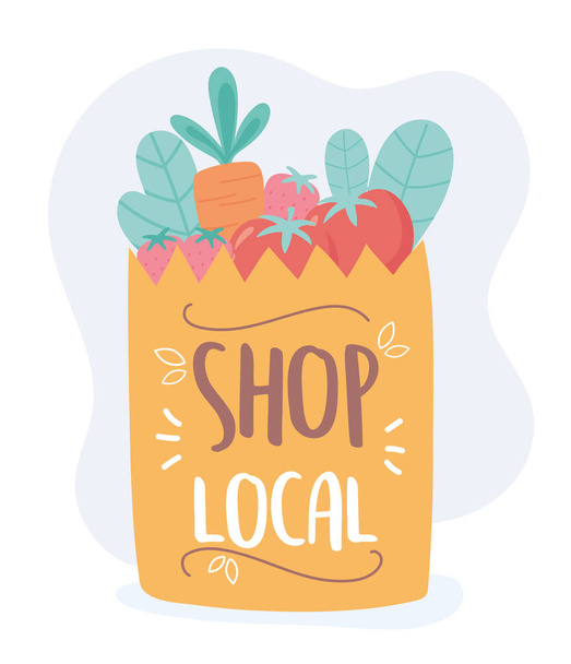 поддержка местного бизнеса, бумажный пакет с овощами и фруктами магазин небольшой рынок - Вектор,изображение