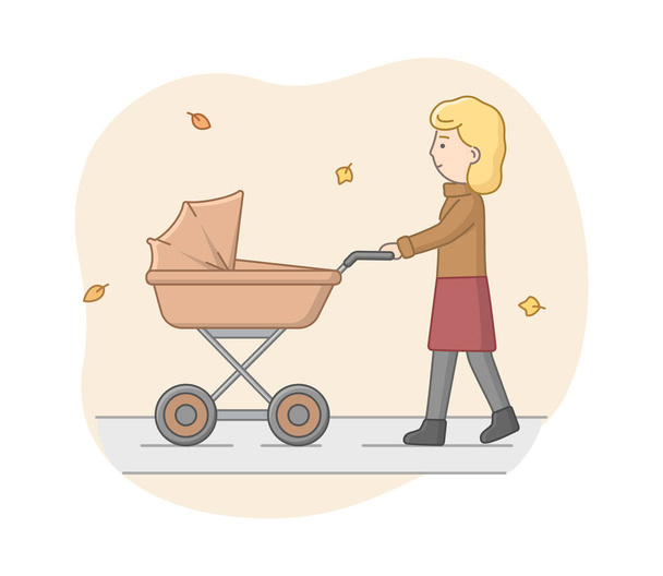 Autumn Weekend Time And Motherhood Concept. Happy Young Mother In Warm Clothes Pushing Pram With Baby In The Park. Joint Weekend Active Pastime. Cartoon Linear Outline Flat Style. Vector Illustration - Vector, Image