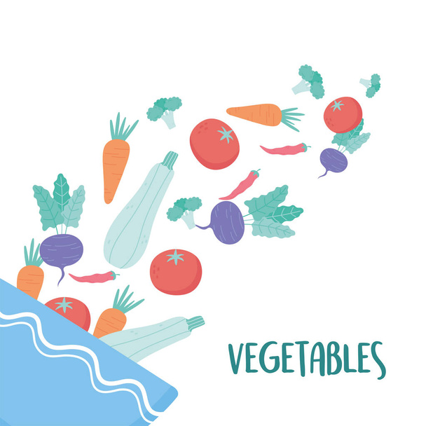 λαχανικά που πέφτουν σε ένα μπολ σαλάτας υγιεινής διατροφής - Διάνυσμα, εικόνα
