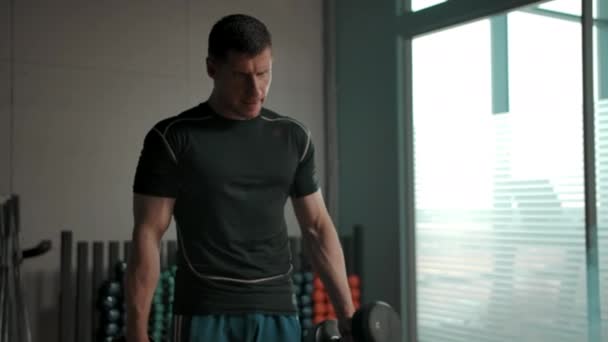 Muscled man shakes biceps with big heavy dumbbells in the gym near huge windows - Záběry, video