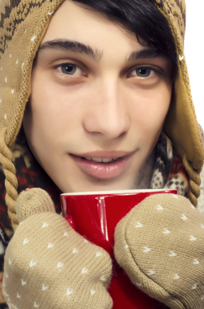 Portrait of a beautiful man wearing sweater, gloves, scarf and a hat, dressed for winter cold and drinking a hot cup of tea - Zdjęcie, obraz