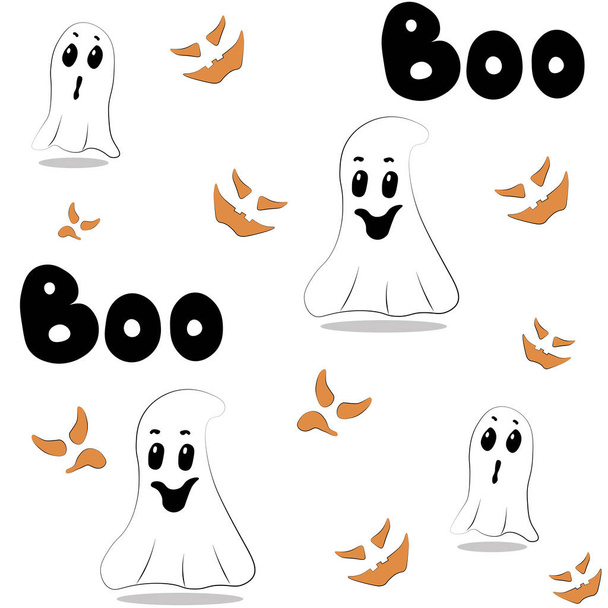 Ilustração de padrão sem costura bonito. Isolado em fundo branco. Atributos de Halloween: boo, olhos fantasmas, fantasmas bonitos. Fácil para papel, tecido, têxtil, design de cartões de convite
. - Foto, Imagem