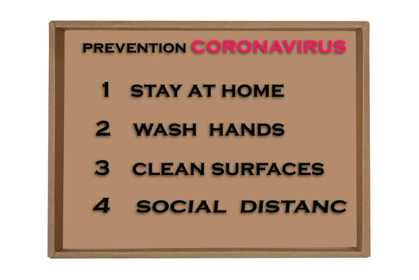 Coronavirus COVID-19 Σήμα πρόληψης για κοινωνική απόσταση, υγιεινή των χεριών, απολύμανση της επιφάνειας, παραμονή στο σπίτι. - Φωτογραφία, εικόνα