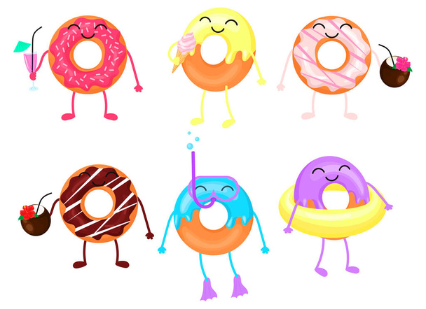 Conjunto de diferentes donuts de desenhos animados. Donut bebe cocktail, come gelado e flutua. Ilustração vetorial isolada sobre fundo branco
. - Vetor, Imagem