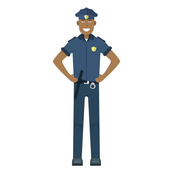 Karakter politieagent geïsoleerd op witte, platte vector illustratie. Menselijke mannelijke belangrijke beroepsactiviteit, glimlachende mensen beroep, sociale beroep. - Vector, afbeelding