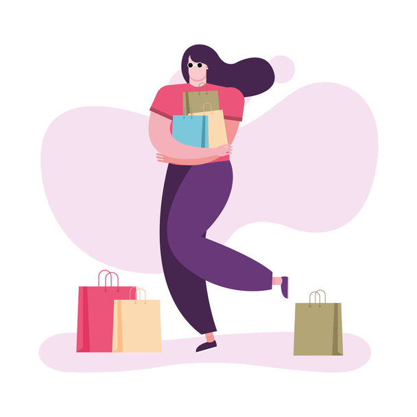 mujer joven con compras bolsos personajes
 - Vector, Imagen