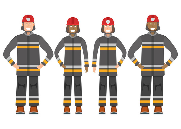 Character fireman standing isolated on white, flat vector illustration. Human male and female important firefighter professional activity, smiling people profession, social occupation. - Vector, Image