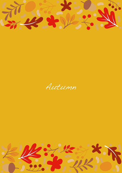 Platte eiken bladeren, bloemen; varen, noten en bessen frame vector op gele achtergrond voor decoratie op herfst seizoen festival en Thanksgiving. - Vector, afbeelding