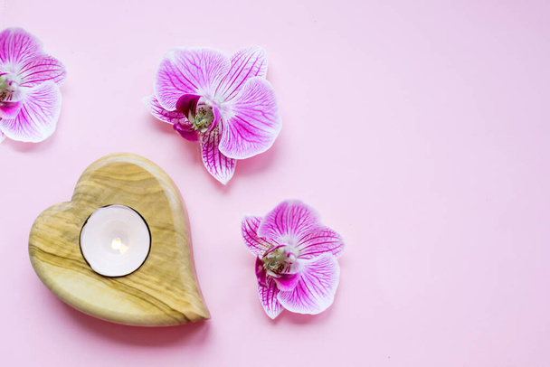 Burning candle and orchid flowers on pink background. Relaxation spa concept. - Fotografie, Obrázek