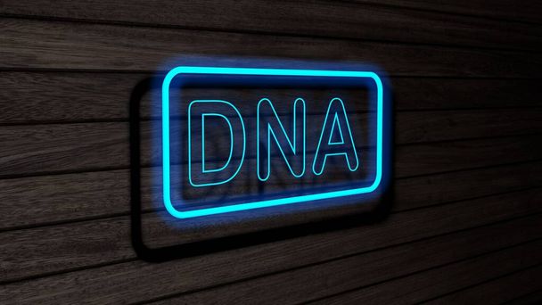 DNA ciano cor neon fluorescente tubos sinais na parede de madeira. 3D renderização, ilustração, cartaz, banner. Inscrição, conceito no fundo da parede de madeira cinza
. - Foto, Imagem