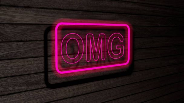 OMG roze kleur neon TL-buizen borden op houten muur. 3D weergave, illustratie, poster, banner. Inscriptie, concept op grijze houten wandachtergrond. - Foto, afbeelding