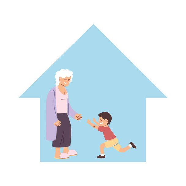 Η γιαγιά και ο εγγονός μαζί χαμογελούν στο σπίτι - Διάνυσμα, εικόνα