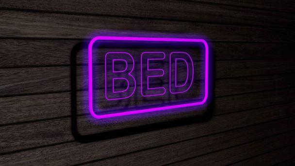 Фиолетовый цвет кровати неоновые флуоресцентные трубки знаки на деревянной стене. 3D рендеринг, иллюстрация, плакат, баннер. Надпись, концепция на сером фоне деревянной стены. - Фото, изображение
