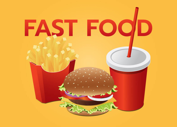 Fast food set vector on yellow background. cheese burger, french fries and soft drink cup. realistic style vector illustration - Vektor, kép