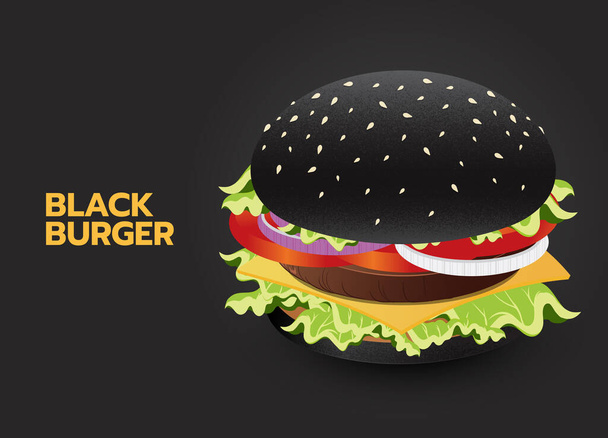 Black burger vector on grey background, burger with black bun, cutlet, cheese, tomato and lettuce. realistic style vector illustration - Vector, Image