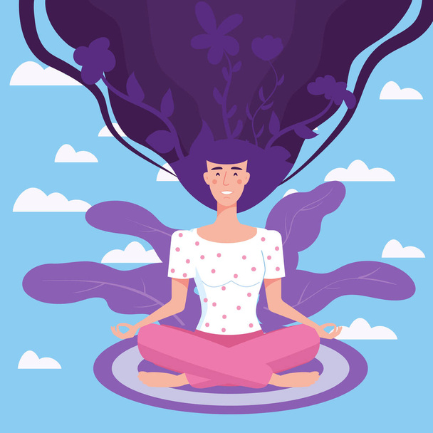 Salud mental yoga meditación mujer sentarse en la posición de loto meditar. Calma mental y concepto de autoconciencia. Ilustración vectorial aislada
 - Vector, imagen