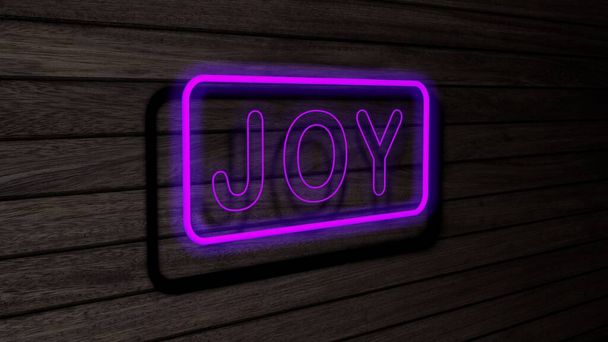 Joy paarse kleur neon TL-buizen borden op houten muur. 3D weergave, illustratie, poster, banner. Inscriptie, concept op grijze houten wandachtergrond. - Foto, afbeelding
