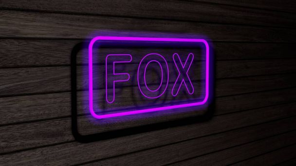 Fox paarse kleur neon TL-buizen borden op houten muur. 3D weergave, illustratie, poster, banner. Inscriptie, concept op grijze houten wandachtergrond. - Foto, afbeelding