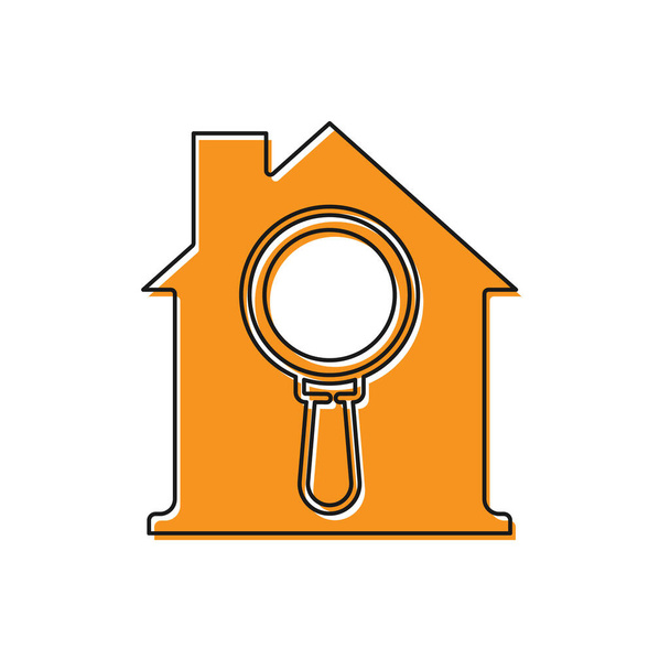 Иконка Orange Search house выделена на белом фоне. Символ недвижимости дома под увеличительным стеклом. Вектор. - Вектор,изображение