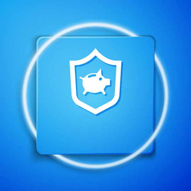 Білий Піггі-банк з щитовим іконом, ізольованим на синьому фоні. Збереження або накопичення грошей, інвестиції. Концепція страхування. Синя квадратна кнопка. Вектор.. - Вектор, зображення