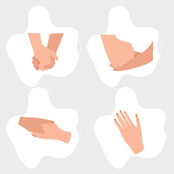 Flaches Design, moderne Handgesten. Haltung von männlichen und weiblichen Händen und Fingern. - Vektor, Bild