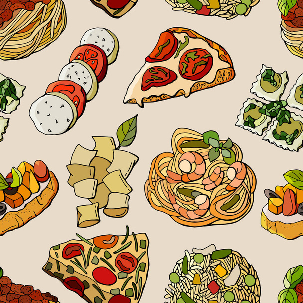 National Italian cuisine. Seamless pattern of Italy dishes. Cartoon style. Design for wallpaper, fabric, textile, packaging. - Vector, Image