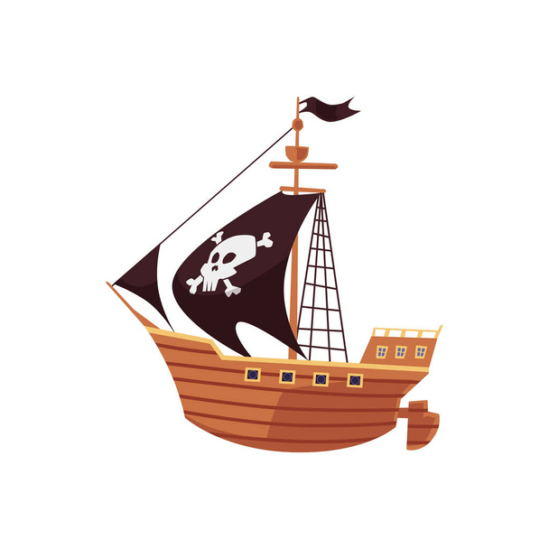 Cartoon pirate ship with black flag and sails with skull and crossbones - Vector, Image