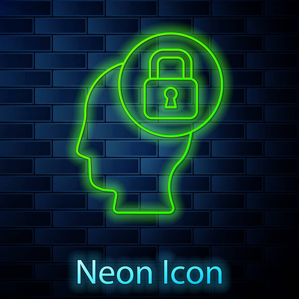 Linha de néon brilhante Cabeça humana com ícone de bloqueio isolado no fundo da parede de tijolo. Vetor
. - Vetor, Imagem