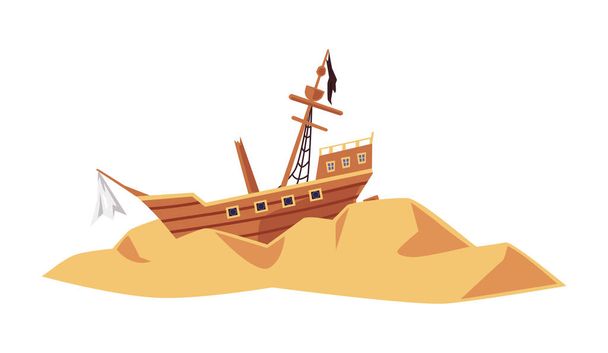 Old wrecked pirate sea ship or sailboat flat vector illustration isolated. - Vector, Imagen