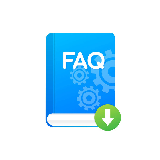 Descargar FAQ Icono del libro con signo de interrogación. Icono del libro y ayuda, cómo, información, concepto de consulta
. - Vector, Imagen
