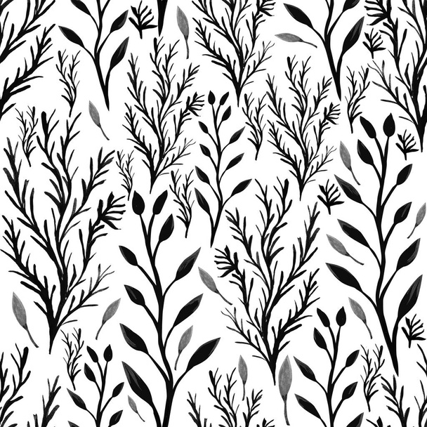 Monochrome watercolor plants on a white background. Hand drawn seamless pattern. Design for cloth, card, print, wrapping.  - Foto, afbeelding