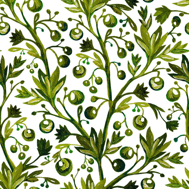 Green twigs, leaves, berries on a white background. Watercolor seamless pattern. Design for cloth, print, card, wrapping. - Fotoğraf, Görsel