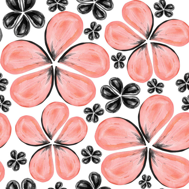 Pink and grey flowers on a white background. Watercolor seamless pattern.  - Foto, imagen