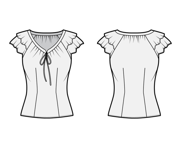 Ilustracja moda techniczna bluzka z krawatami w dekolcie V, falbanki krótkie rękawy, dopasowany korpus. - Wektor, obraz