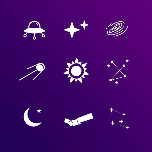 csillagászat ikon set vektor, közé tartozik az UFO, csillagok, fekete lyuk, satelitte, nap, körvonalazódik a csillagok, félhold, lapos design egyszerű - Vektor, kép