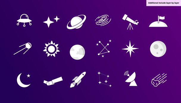 csillagászat ikon set vektor, közé tartozik az UFO, csillagok, szaturnusz, fekete lyuk, teleszkóp, leszálló zászló, nap, föld, árfolyamok, hold, rakéta, adó, és üstökös, lapos design egyszerű modern - Vektor, kép