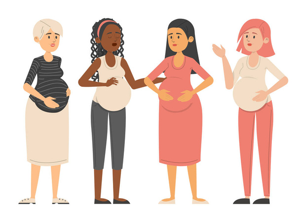 Pregnant women standing together vector isolated. Young mothers expecting babies. Happy female character holding belly. - Vector, Image
