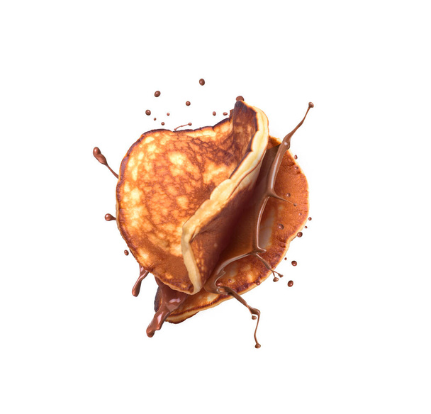 pancakes falling and chocolate splash  isolated - Фото, изображение
