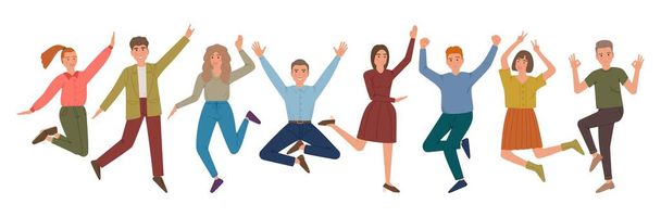 Jumping people group with raised hands and smile. Joyful laughing men and women. Cartoon characters isolated on white background. - Vector, Image