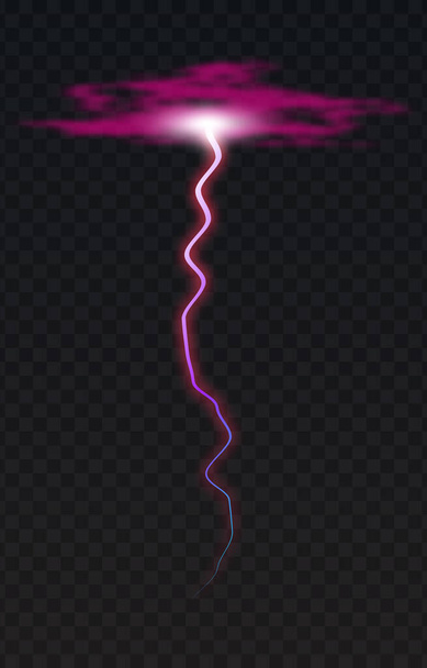 Vector illustration of a realistic style of purple glowing lightning isolated on a dark background, natural light effect. Magic white thunderstorm lightning element - Vector, Image