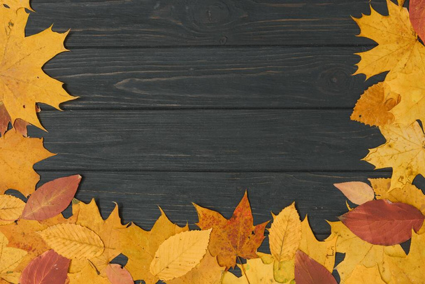 autumn leaf on wood black background (top view) orange leaf on old grunge wood deck, copy place for inscription, top view, tablet for text, - Zdjęcie, obraz