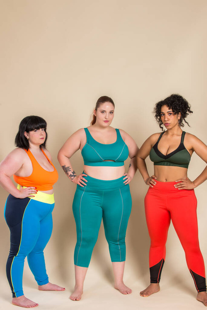 Group of 3 oversize women posing in studio - Beautiful girls accepting body imperfection, beauty shots in studio - Concepts about body acceptance, body positivity and diversity - Foto, imagen